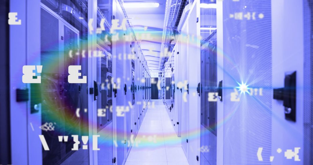 Server Room with Digital Overlay and Rainbow Lens Flare
