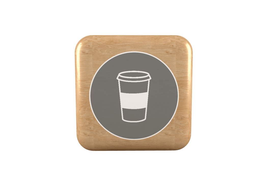 Transparent Icon of Coffee Cup on Wooden Cube Surface
