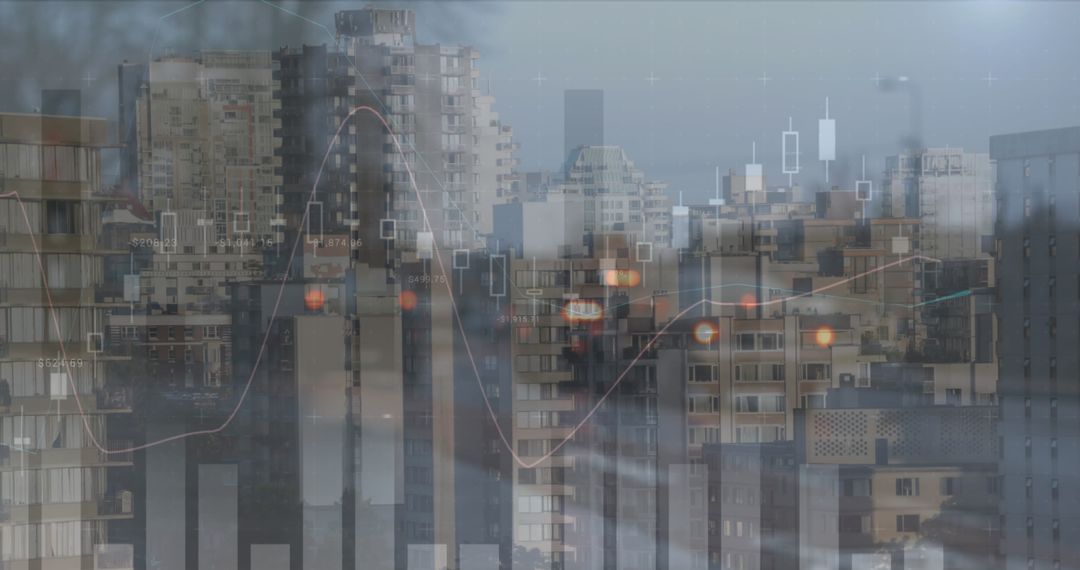 Cityscape with Financial Data Overlay Displaying Modern Economics