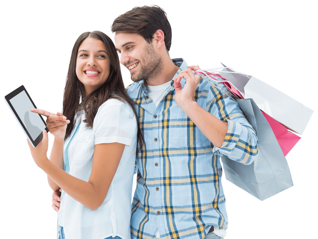 Diverse Couple Shopping Online Tablet Transparent Background