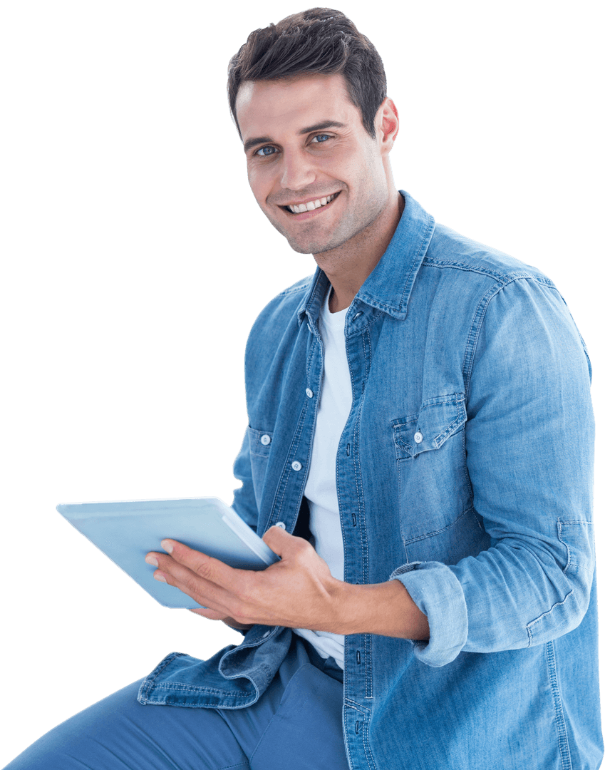Happy Man Using Tablet: Modern Technology on Transparent Background
