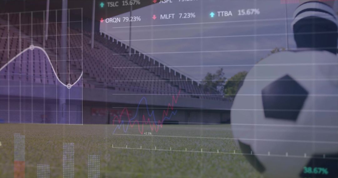 Soccer Ball in Stadium with Data Overlay Representing Sports Analytics