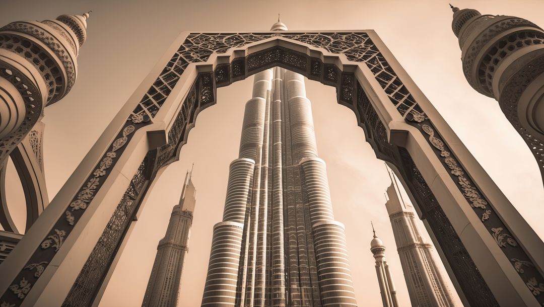 Majestic View Through Ornate Archway Framing Iconic Burj Khalifa