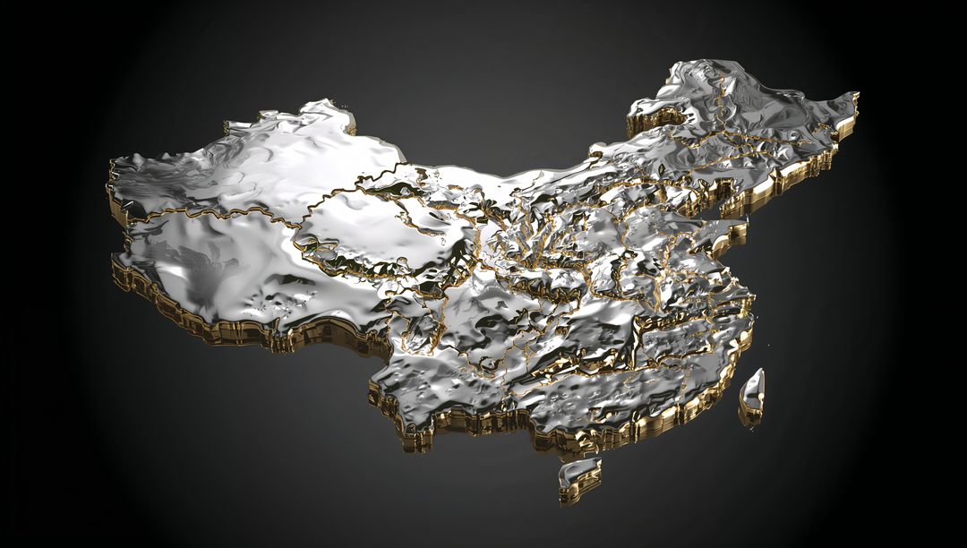 Floating 3D Metallic China Map with Gold Borders