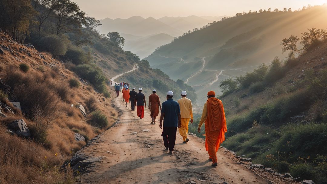 Pilgrims Journey on Scenic Hillside Path During Sunrise