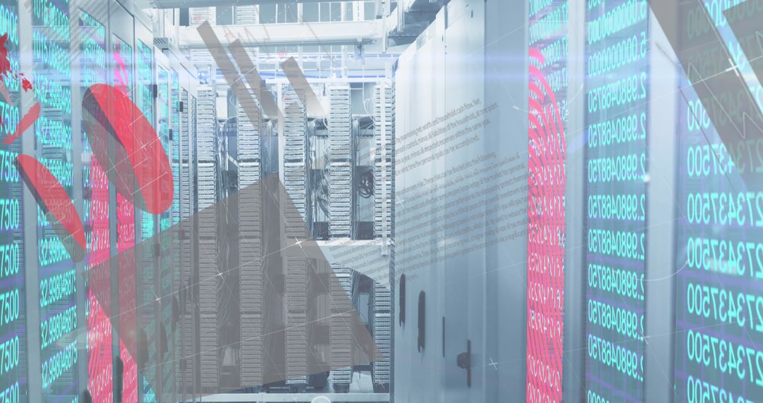 Data Analysis in Modern Server Room with Digital Interface Overlay