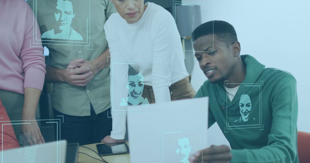 Business Team Discussing Tech Project with Profile Icons