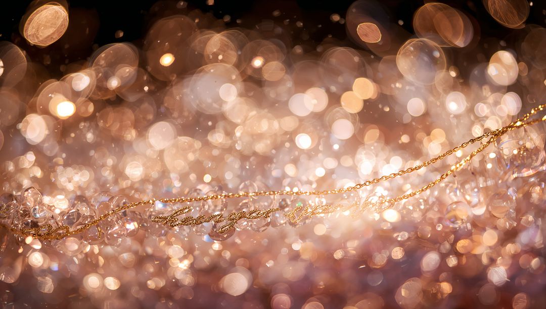 Shimmering Gold Cursive Necklace Resting on Sparkling Crystal Bokeh, Elegant Jewelry Macro