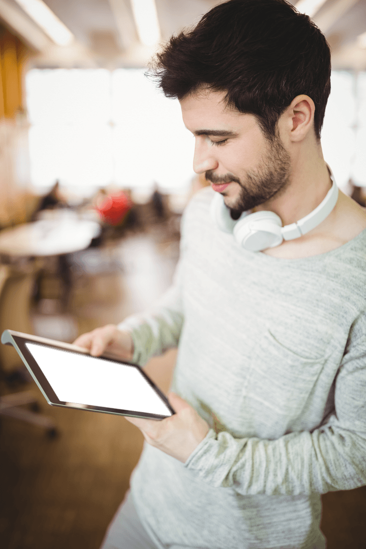 Man with Headphones Using Transparent Tablet in Office
