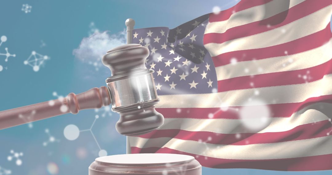 American Flag and Gavel Overlapping Molecular Structures