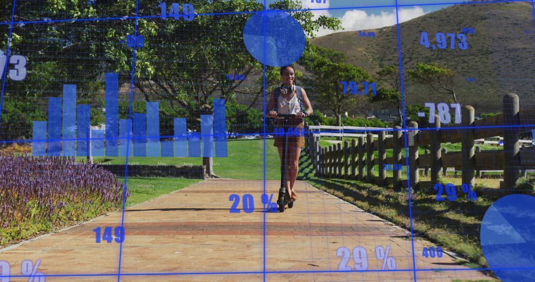 Woman Riding Electric Scooter Along Park Path Overlayed with Graphs