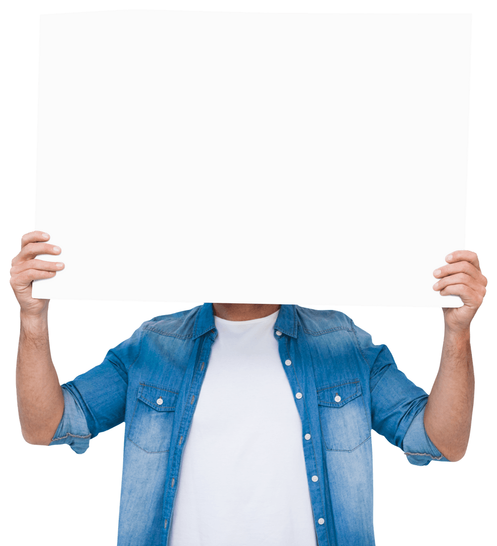 Man in Denim Shirt Holding Transparent Blank Sign