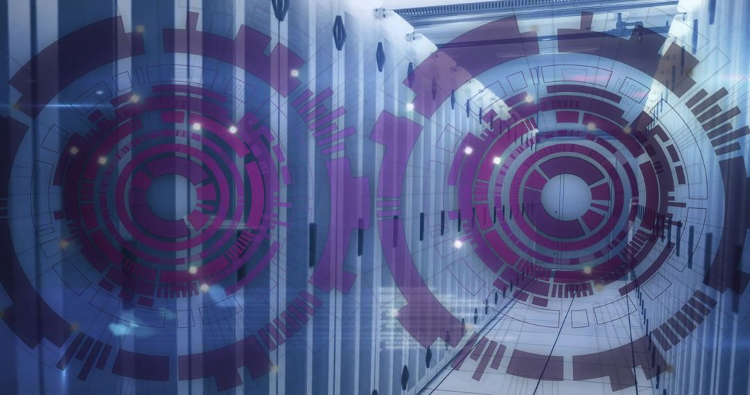 Abstract AI Data Processing Over Server Room with Futuristic Elements