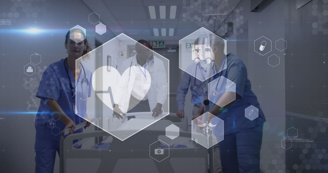 Hospital Team Rushing Gurney through Hallway with Digital Overlays