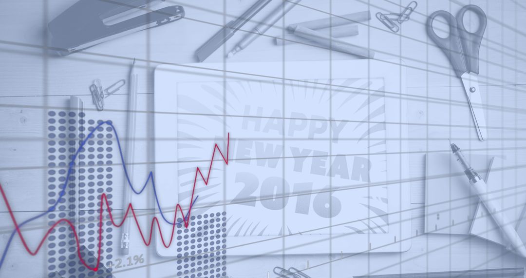 Graphs Overlaid on New Year Celebrations and Office Items