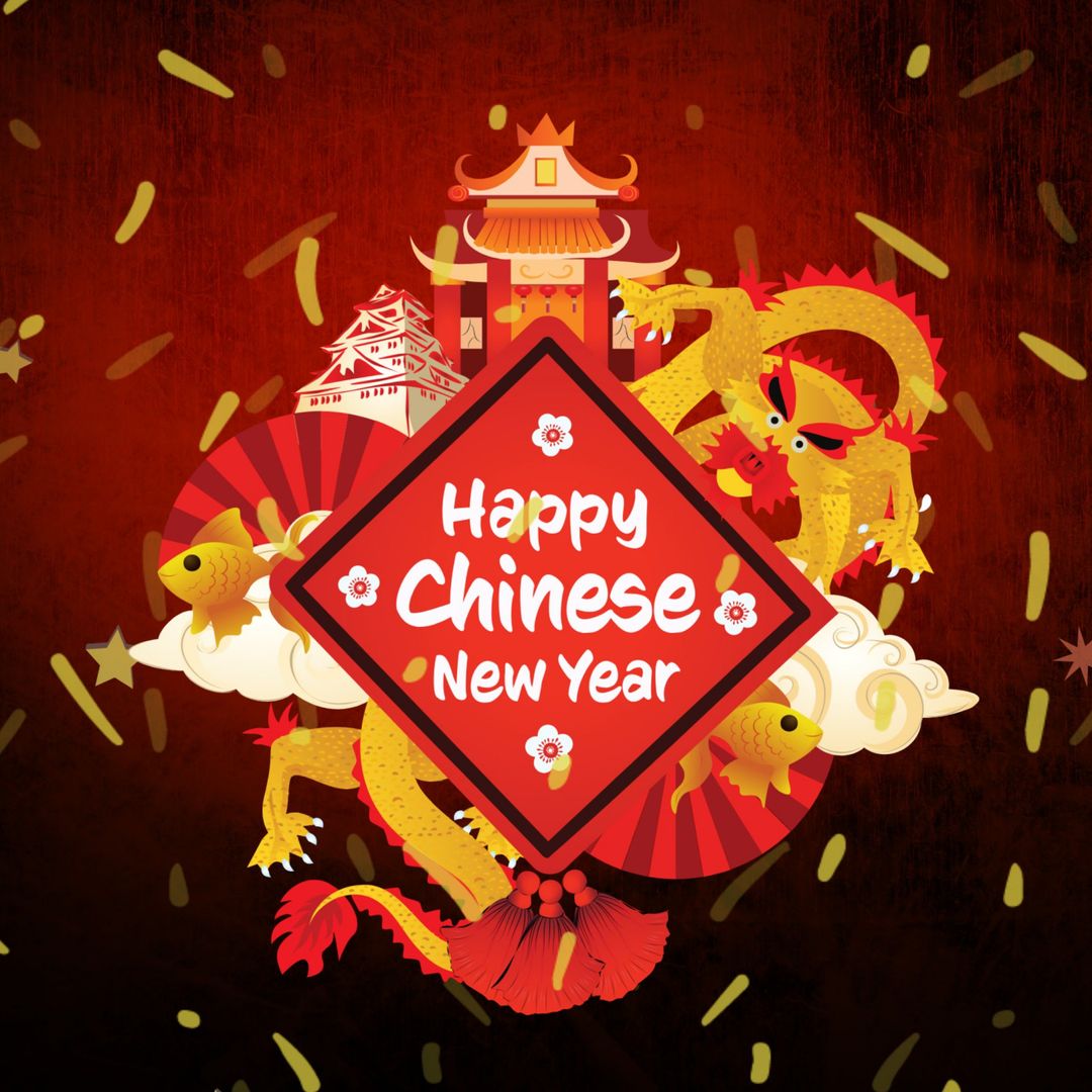 Festive Lunar New Year Design with Dragon and Traditional Symbols