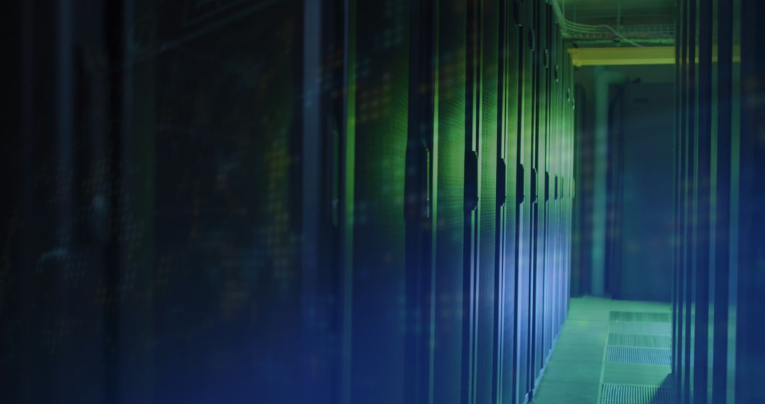 Modern Data Center With High Tech Servers and Blue Green Lighting