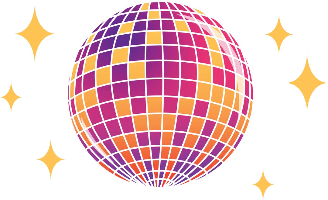 Colorful Digital Disco Ball with Stars on Transparent Background