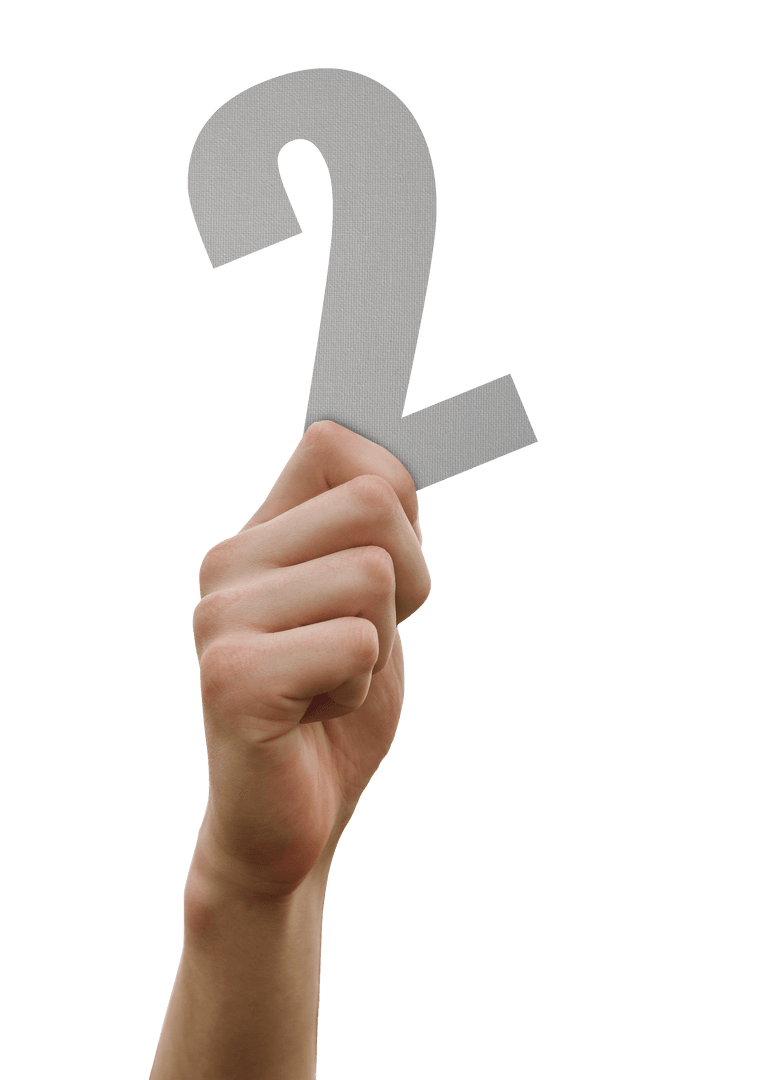 Caucasian Hand Holding Number 2 on Transparent Background