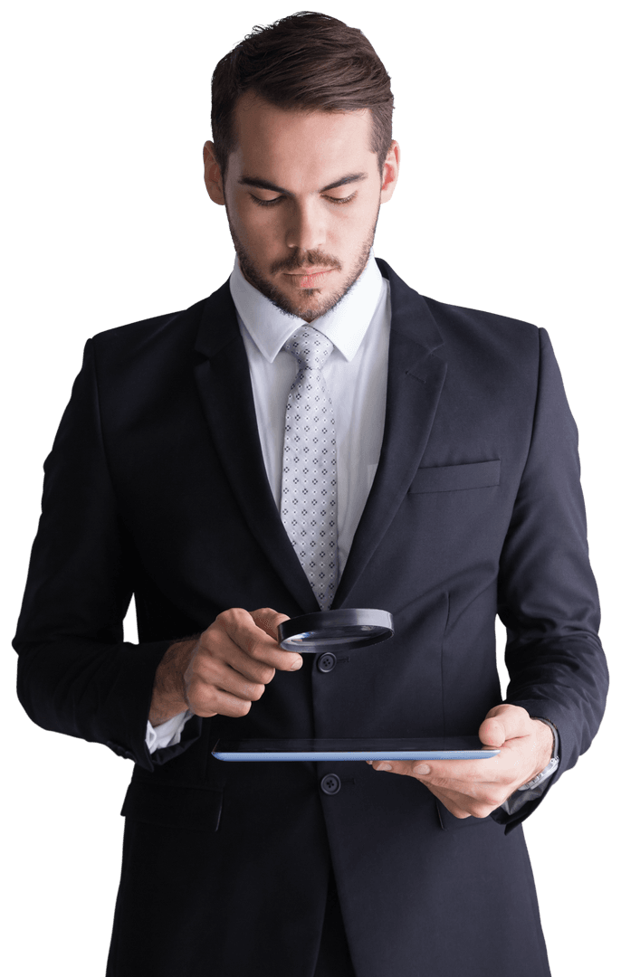 Transparent Concept of Businessman Using Magnifying Glass on Tablet