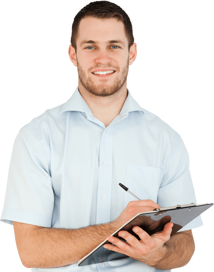 Smiling Young Employee Taking Notes with Transparent Background
