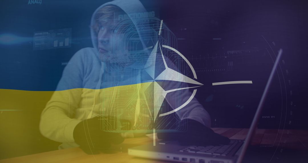 Cyber Warfare Allegory: Hacker with Ukraine and NATO Flags