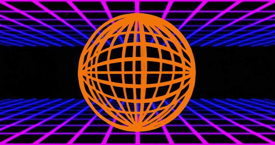 Rotating Orange Wireframe Globe on Neon Cyber Grid Retro Futuristic 3D Background