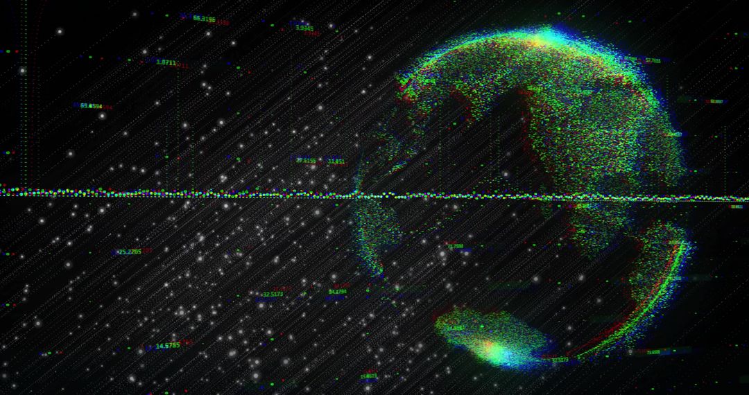 Glitch Pixelation Earth with Data and Stars in Futuristic Interface