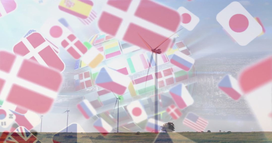 Wind Power with Global Collaboration and International Flags Montage
