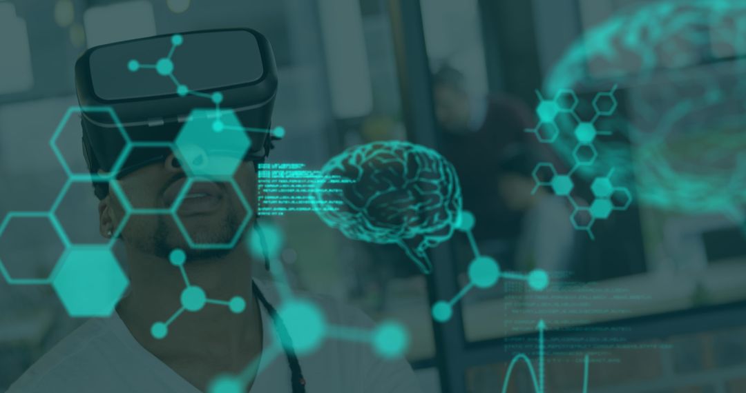 Biracial Man Exploring Virtual Reality with Scientific Data in Office