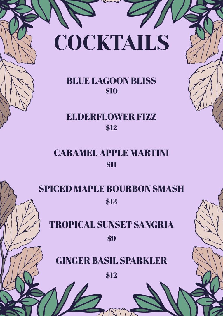 Floral Themed Cocktail Menu with Elegant Drink Listings - Download Free Stock Templates Pikwizard.com