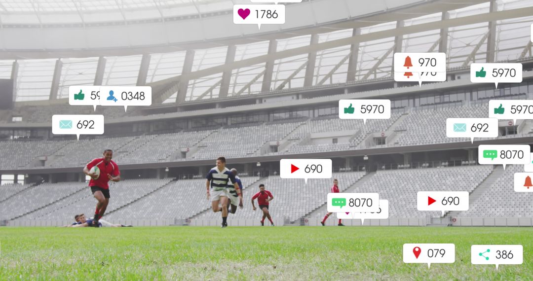 Rugby Players Running Amidst Social Media Notifications Overlay