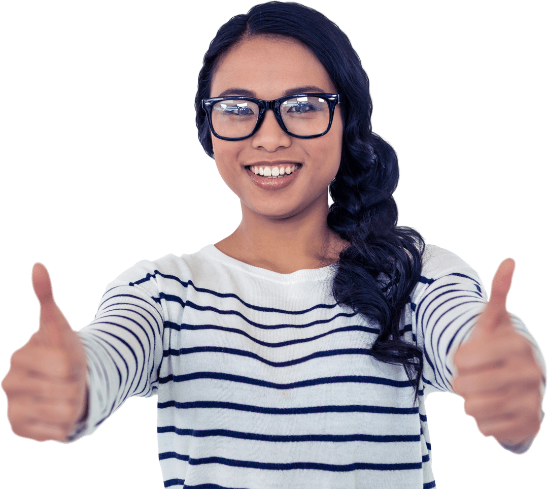 Transparent Enthusiastic Woman Smiling Showing Thumbs Up