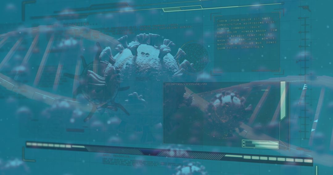 3D Virus Visualization with DNA and Futuristic HUD Overlays