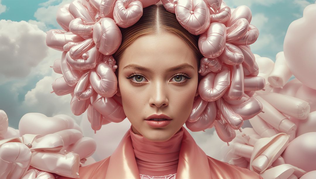 Female Model in Pink with Surreal Balloon Headpiece amid Cloudy Sky