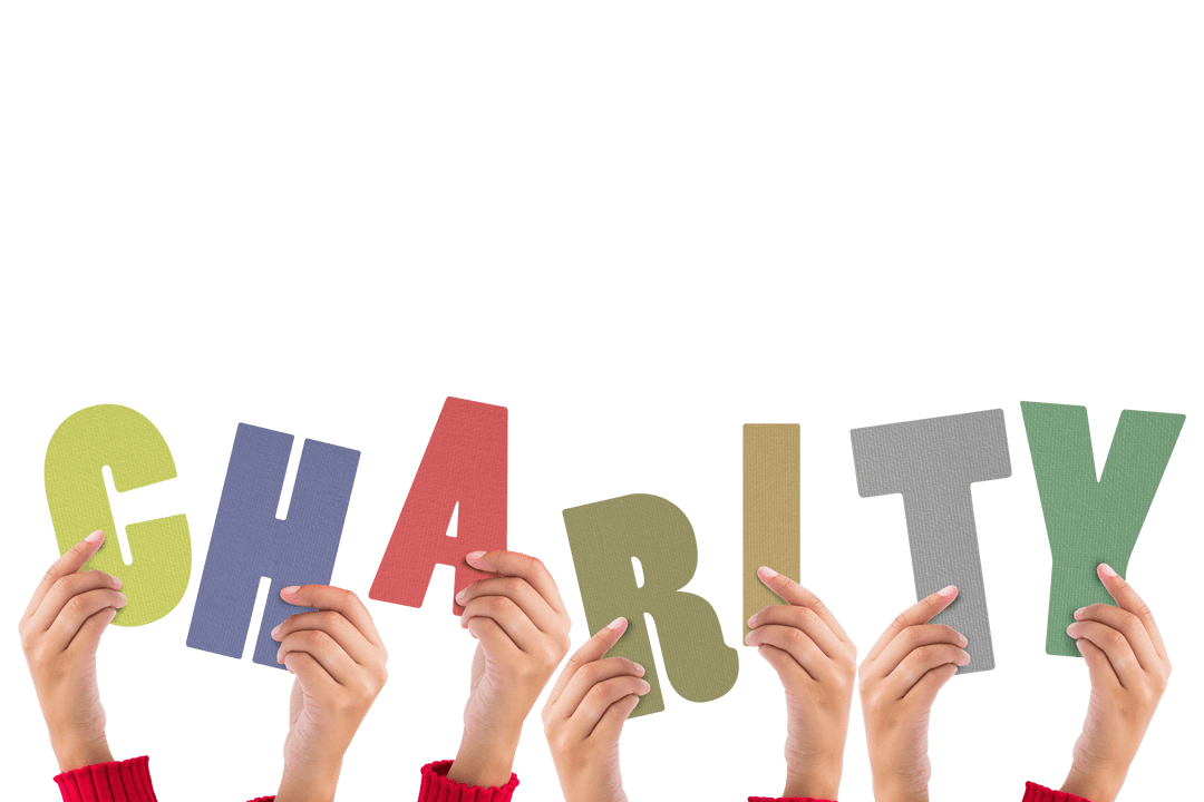 Transparent Hands Holding Colorful Charity Letters