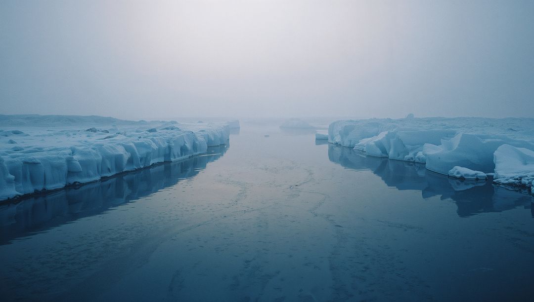 Foggy Polar Ocean with Thick Ice Floes and Open Water Channel