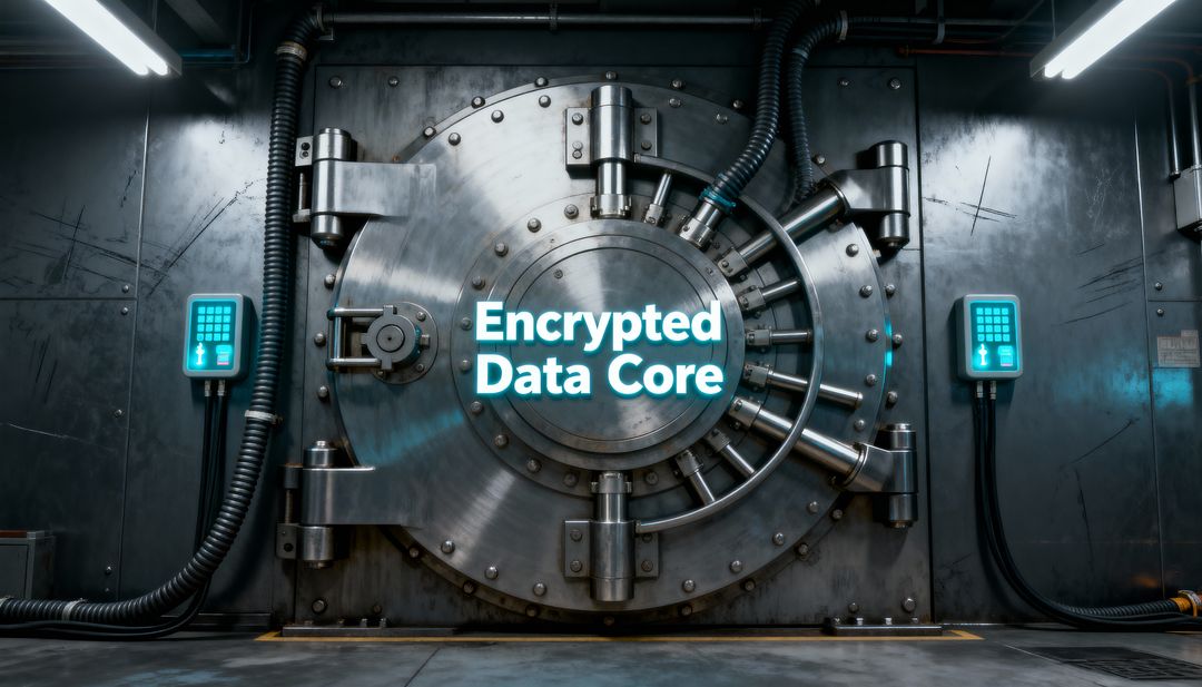 High-Security Steel Data Vault Door with Encrypted Data Core Label and Glowing Keypads