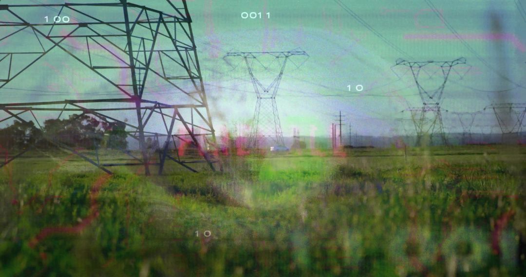 Glitched power pylons rising across desaturated grassland with digital numeric overlay
