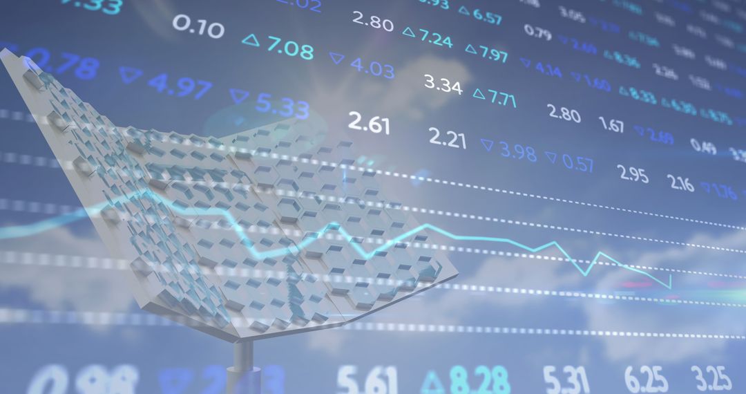 Financial Data Overlay on Solar Panel Symbolizing Global Business