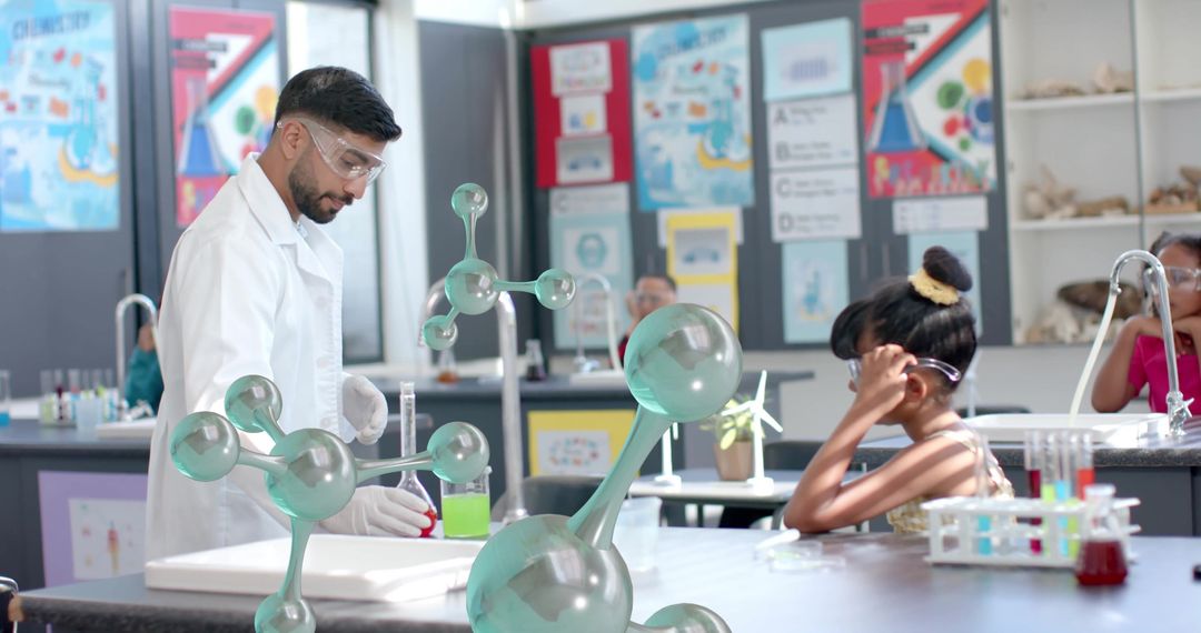 Scientist Conducting Experiment in Multiracial Classroom Laboratory