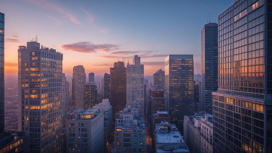 Modern Skyscrapers in Warm Sunset Glow