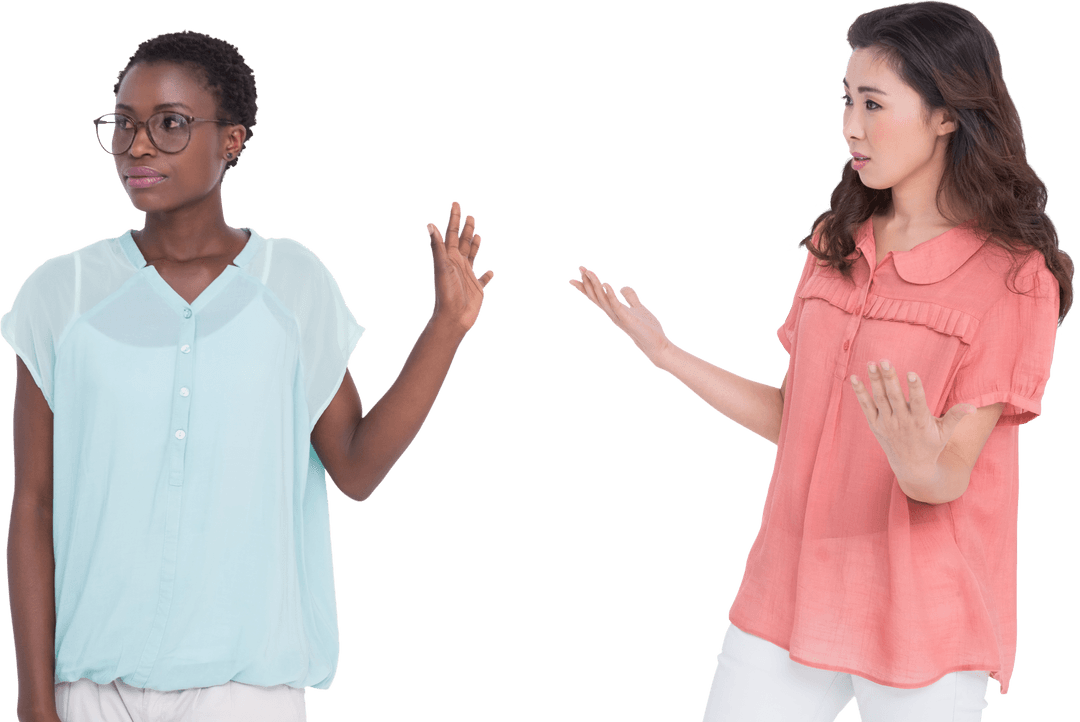 Two Friends in Transparent Background Disagreeing Gesture