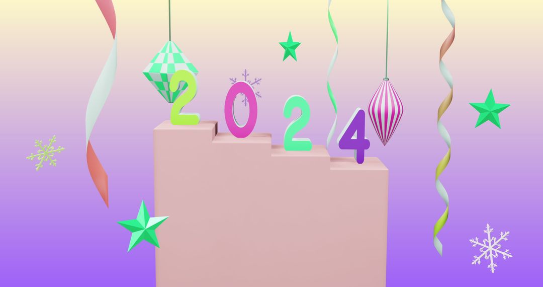 Colorful 2024 Celebration with Festive Ornaments and Streamers