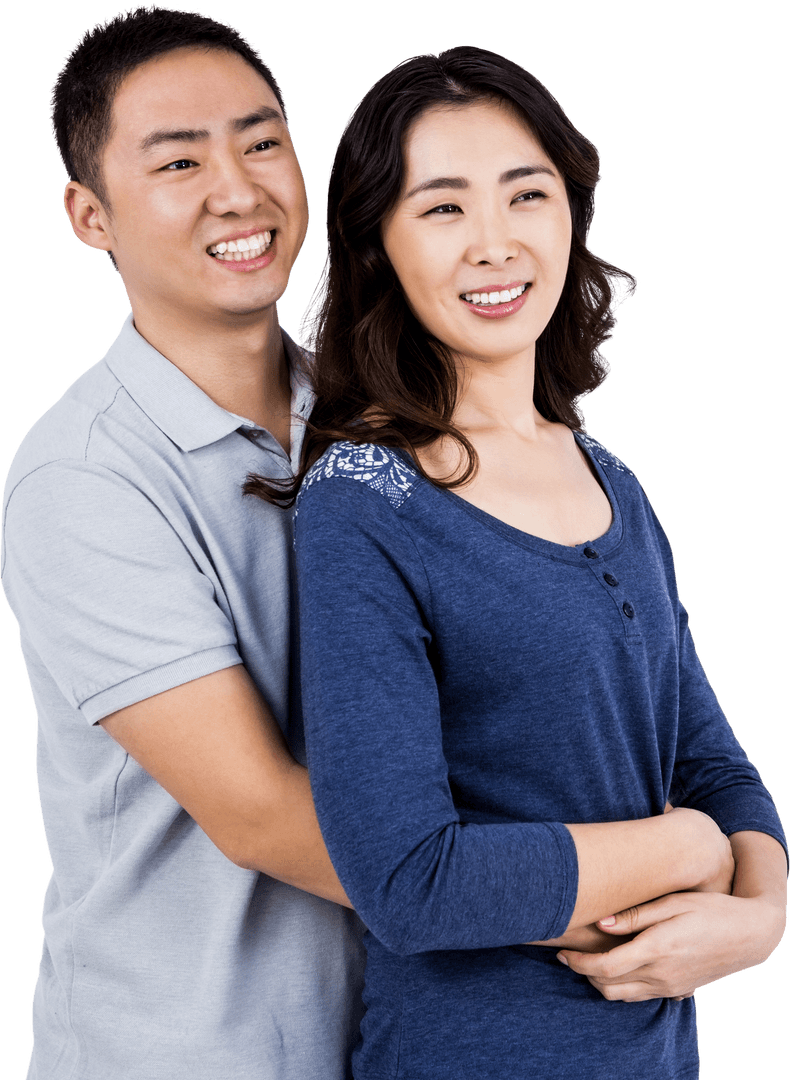 Happy Asian Couple Embracing on Transparent Background