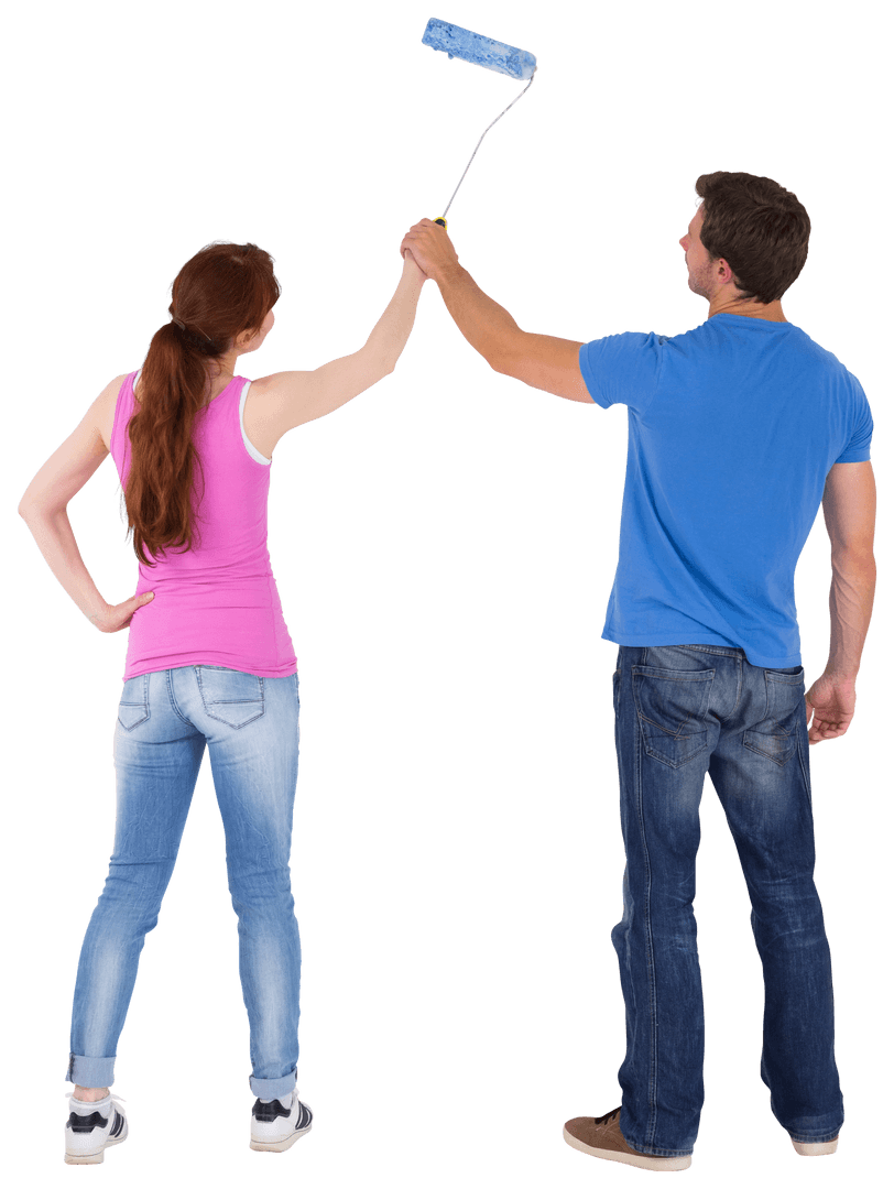 Transparent Couple Painting Wall Teamwork with Paint Roller