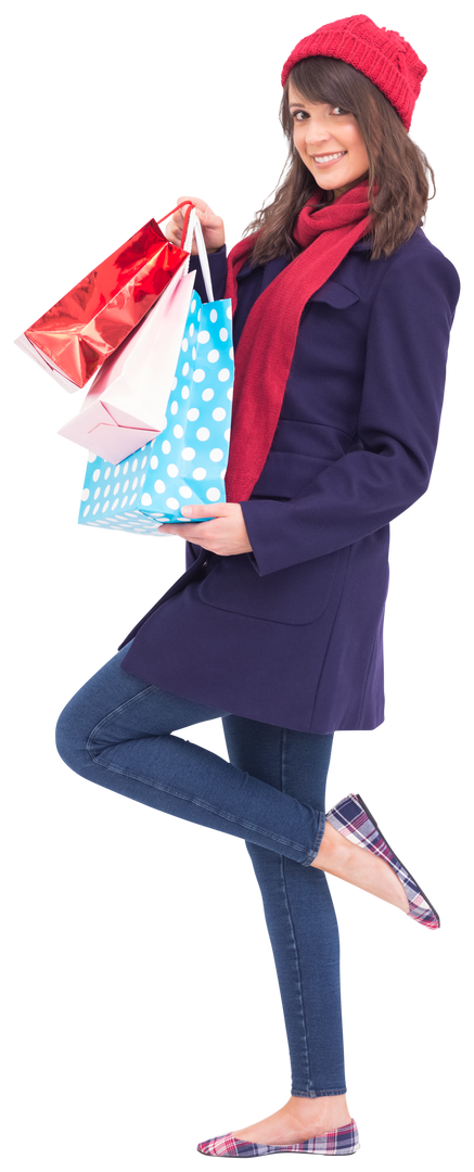 Happy Brunette in Winter Clothes Holding Shopping Bags on White Transparent Background - Download Free Stock Images Pikwizard.com