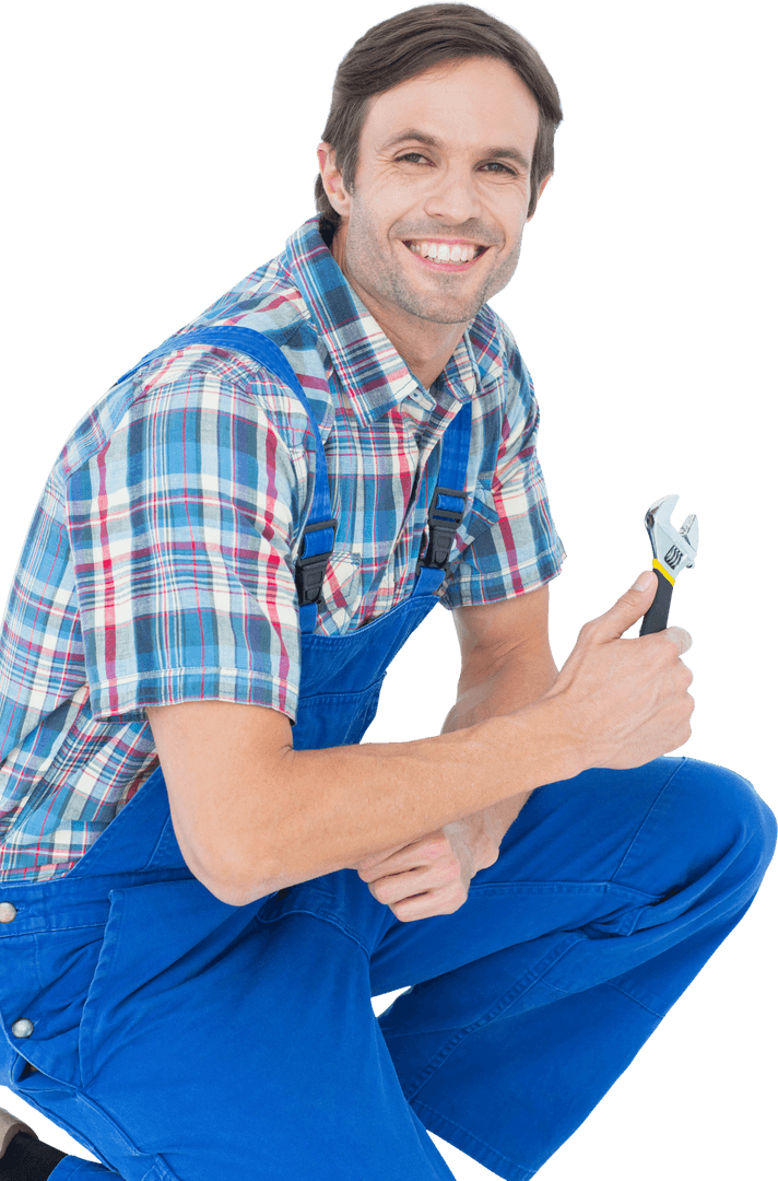 Smiling Plumber Holding Adjustable Wrench Transparent Background