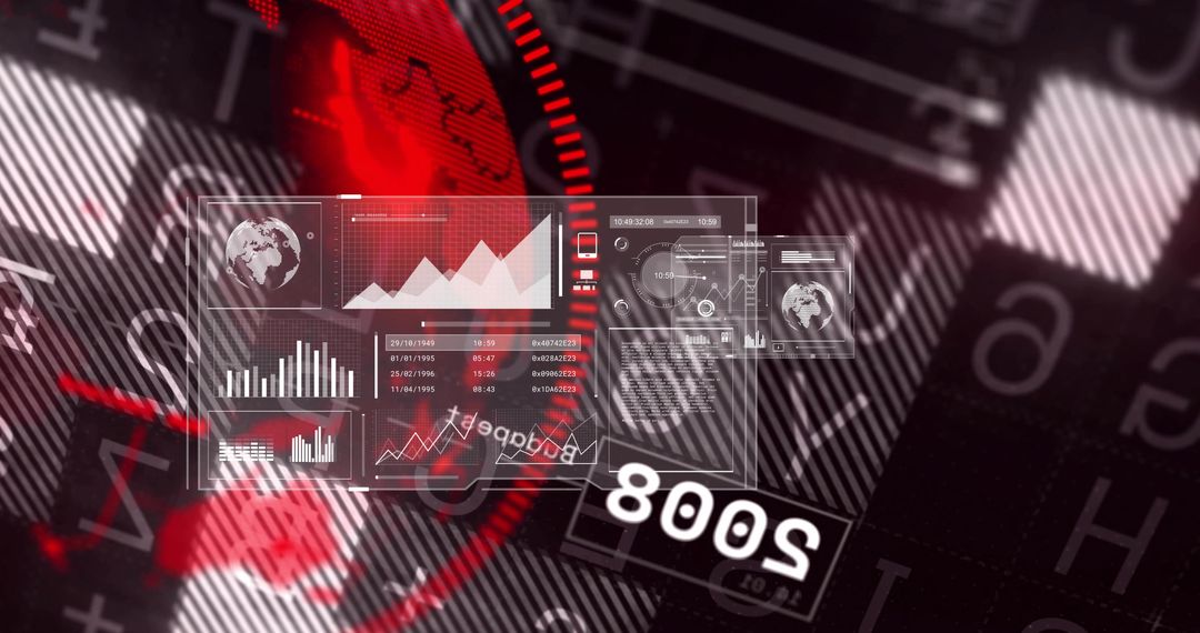 Futuristic HUD displaying translucent analytics panels, red globe and 800S label