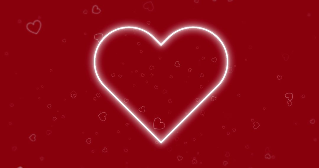 Glowing Neon Heart with Floating Hearts Against Red Background